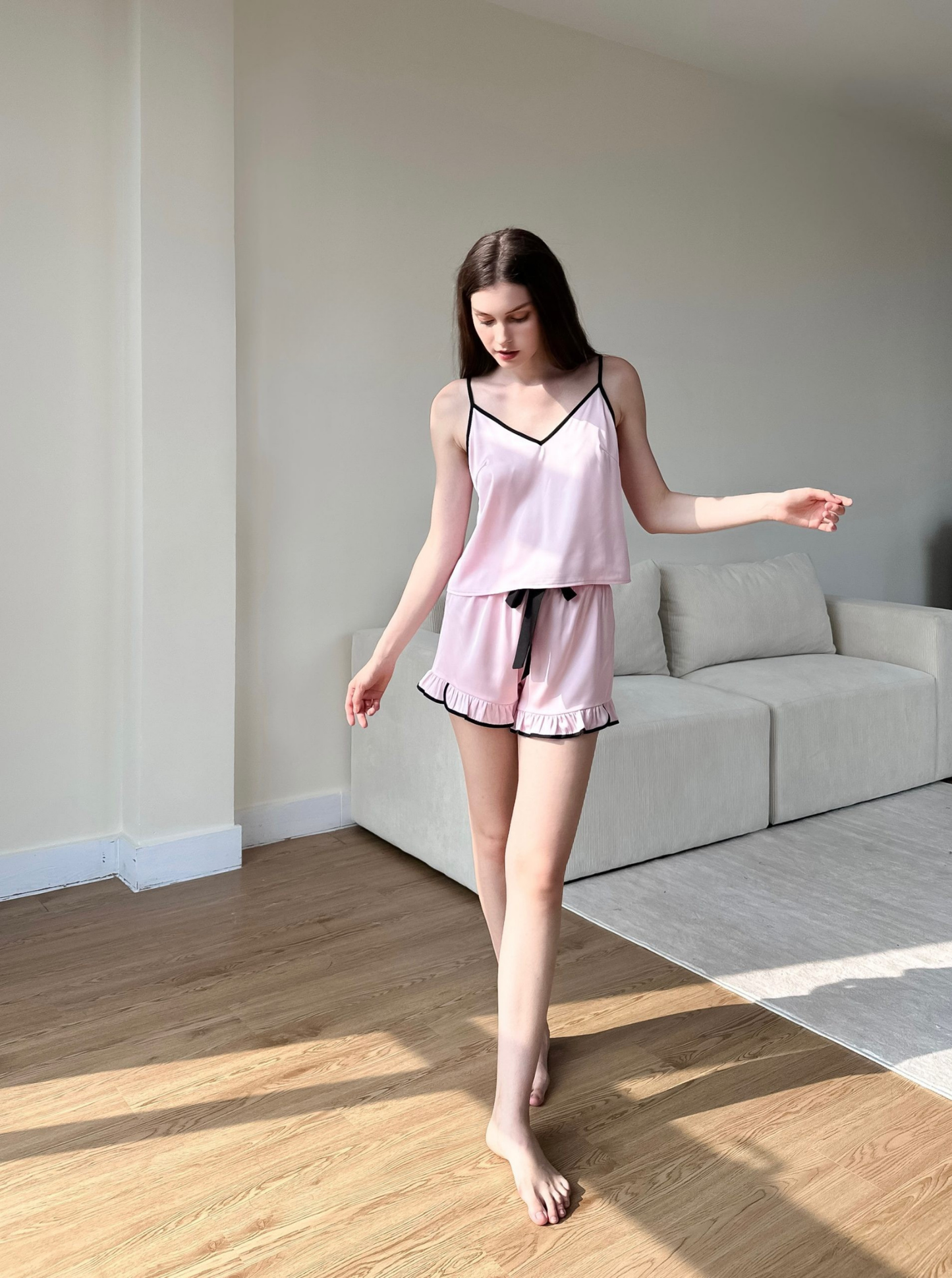 Satin Pajama Set with Contrast Trim & Ribbon Bow