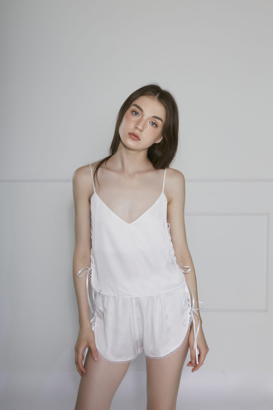 Lace-Trimmed Ribbon Tie Satin Sleepwear Set
