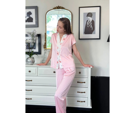 Floral Trimmed Long Pants Loungewear Set