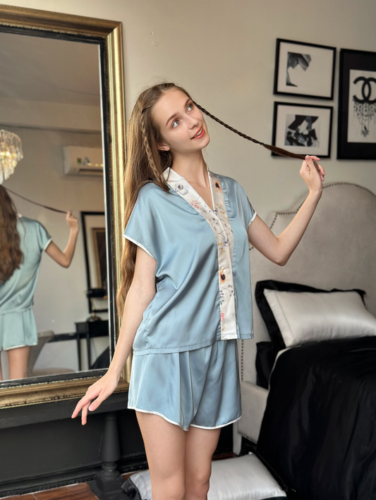 Floral-Trimmed Silk Lounge Set
